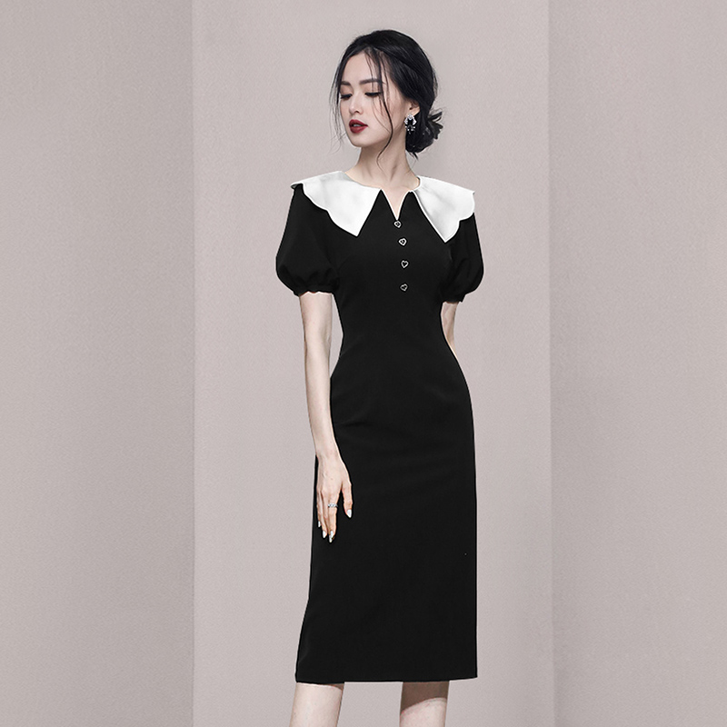 Short sleeve long temperament retro black slim dress for women