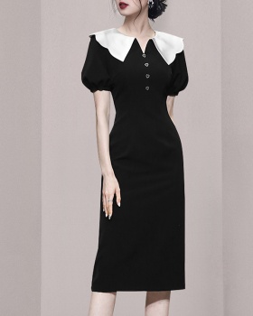 Short sleeve long temperament retro black slim dress for women