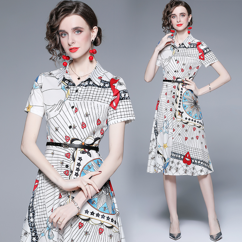 Pinched waist elegant big skirt printing summer temperament dress