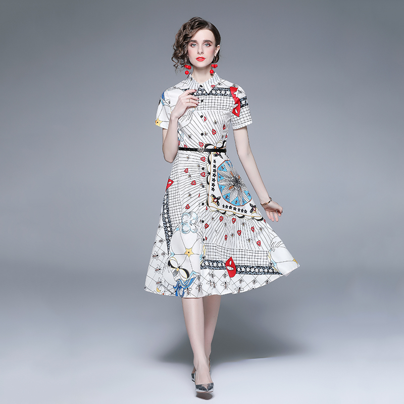 Pinched waist elegant big skirt printing summer temperament dress