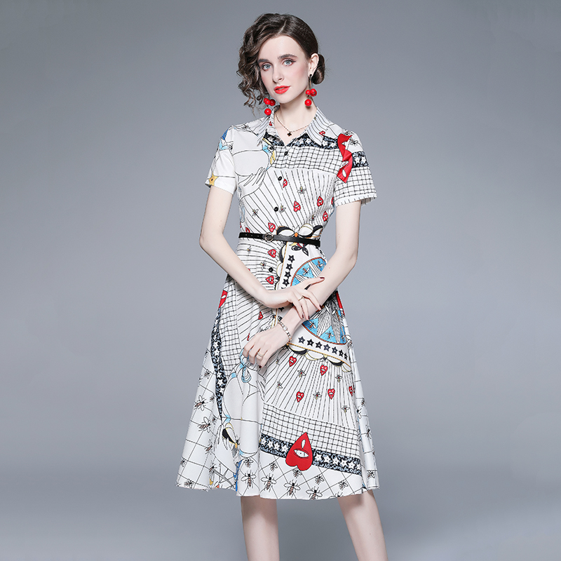 Pinched waist elegant big skirt printing summer temperament dress