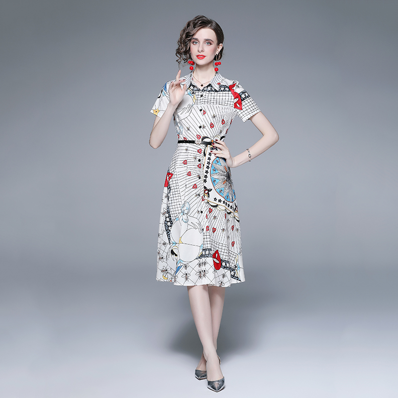 Pinched waist elegant big skirt printing summer temperament dress