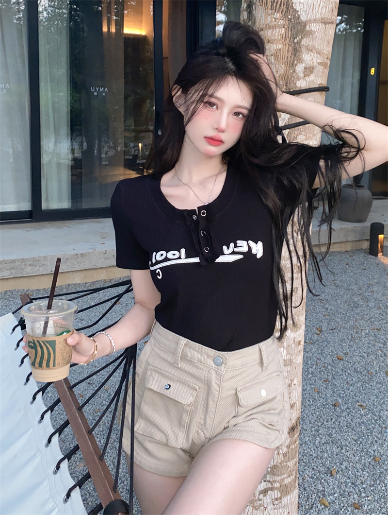 Short round neck T-shirt high waist slim tops for women