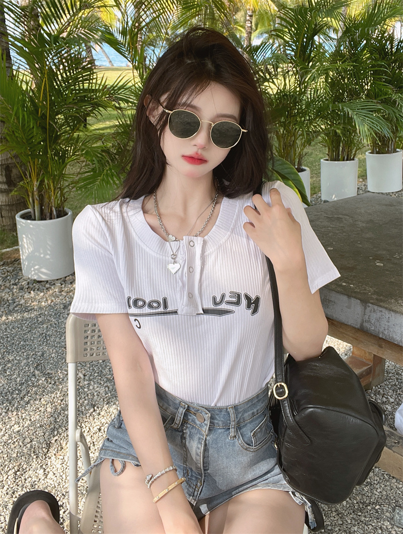 Short round neck T-shirt high waist slim tops for women