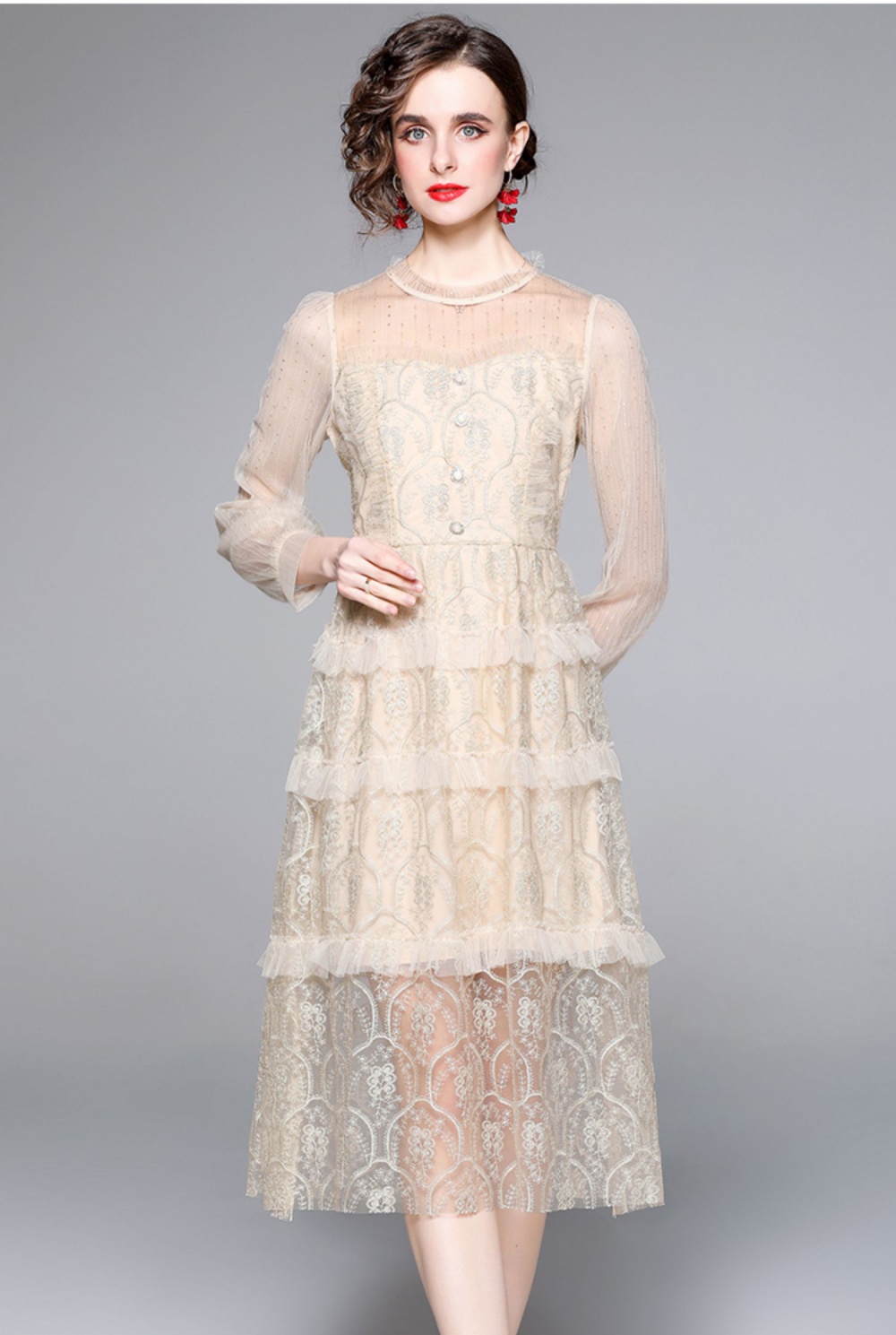 Beautiful temperament cake embroidery gauze lace dress