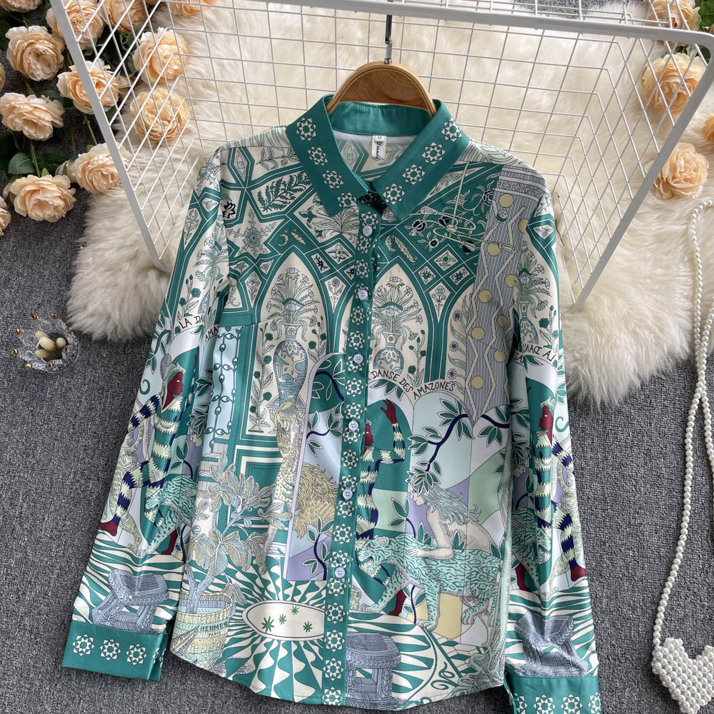 Floral long sleeve real silk spring shirt for women