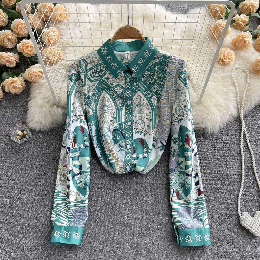 Floral long sleeve real silk spring shirt for women