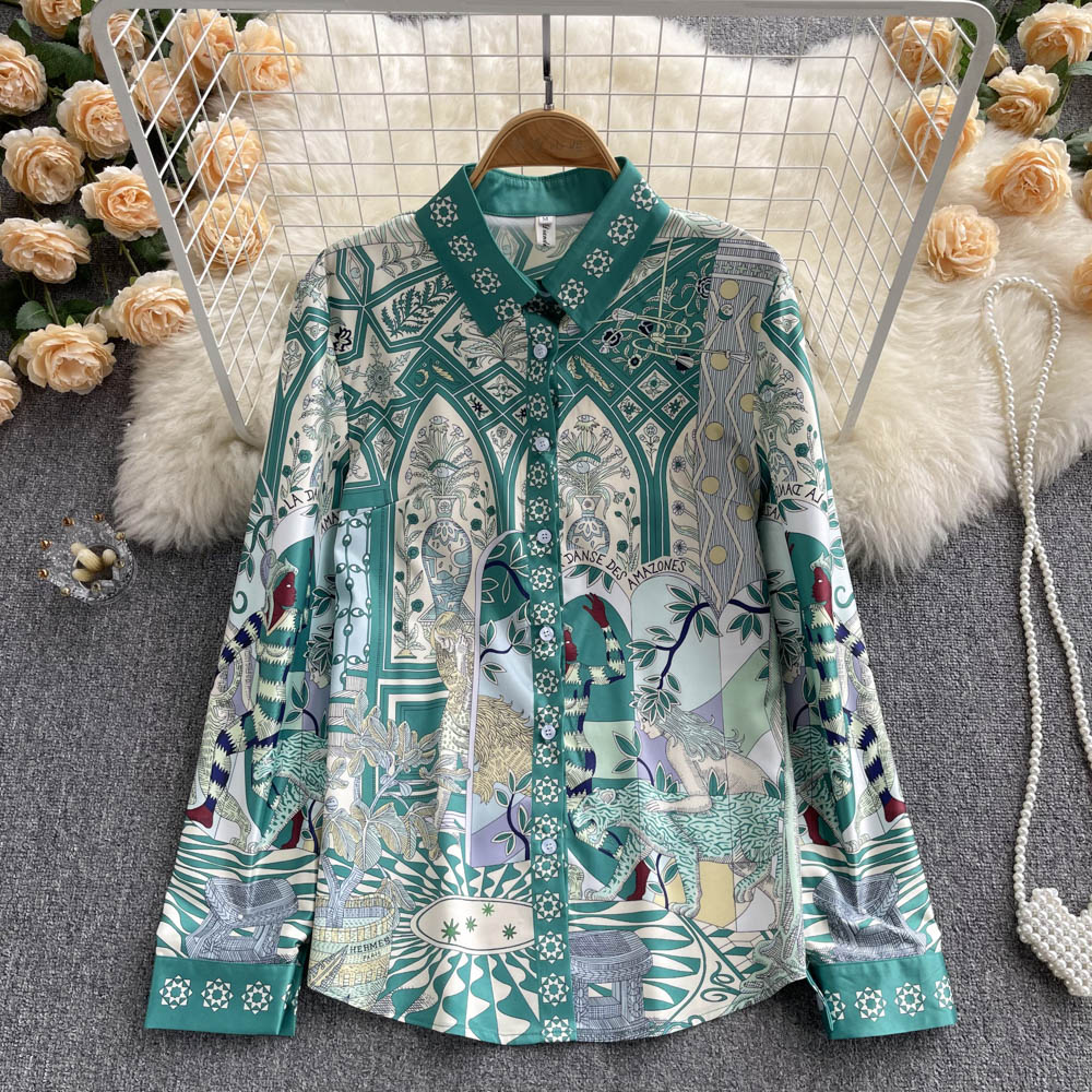 Floral long sleeve real silk spring shirt for women