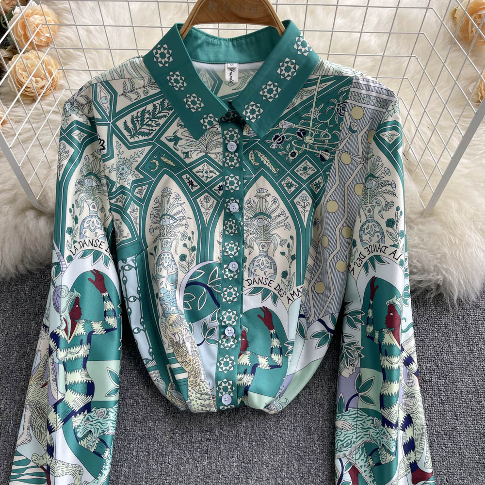 Floral long sleeve real silk spring shirt for women