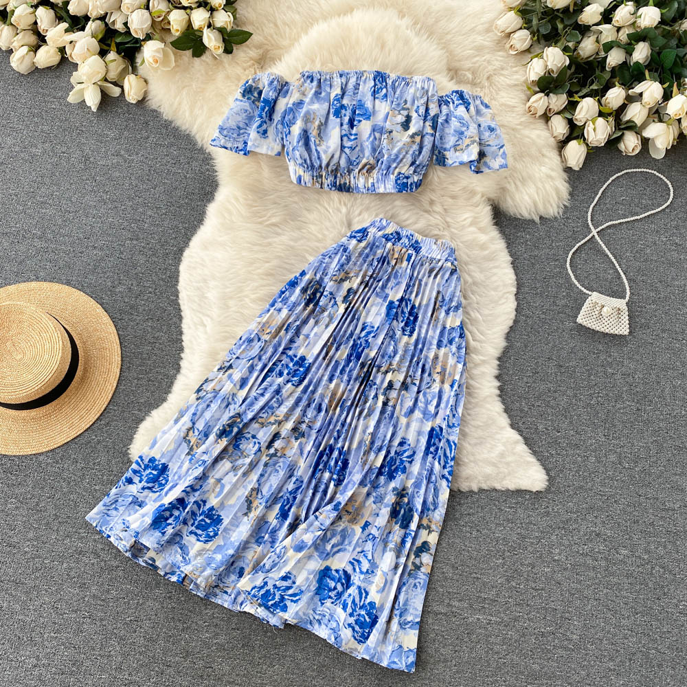 Short flat shoulder tops European style skirt 2pcs set