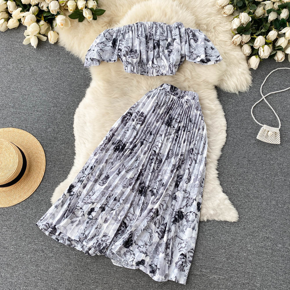 Short flat shoulder tops European style skirt 2pcs set