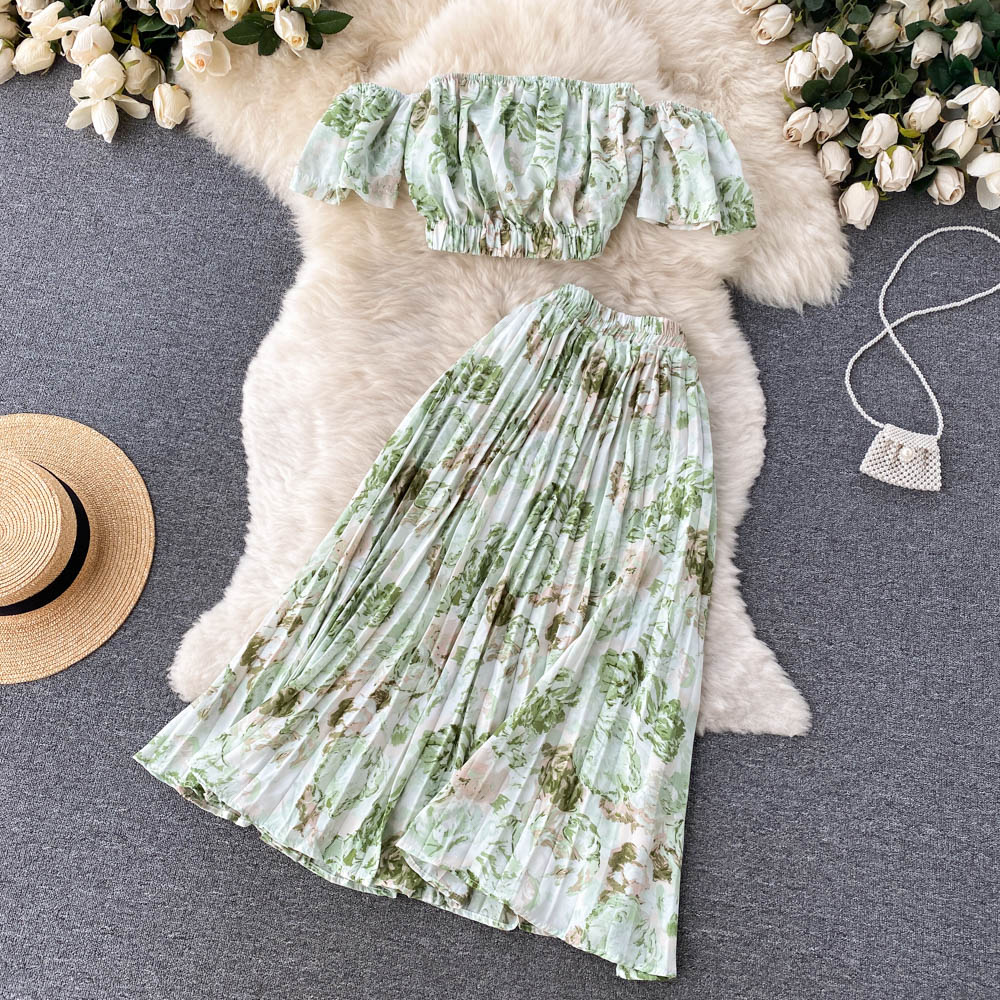 Short flat shoulder tops European style skirt 2pcs set