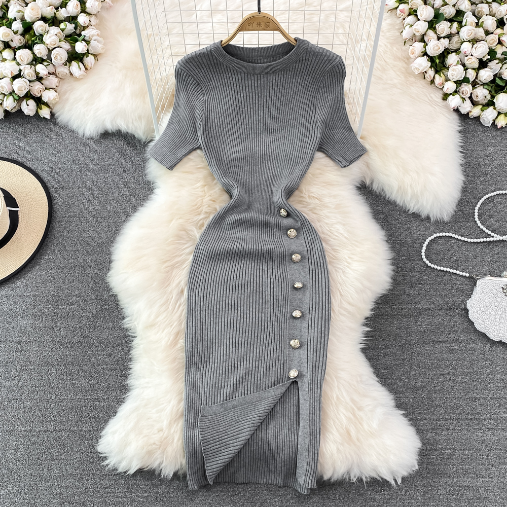 Knitted split package hip sexy round neck retro dress