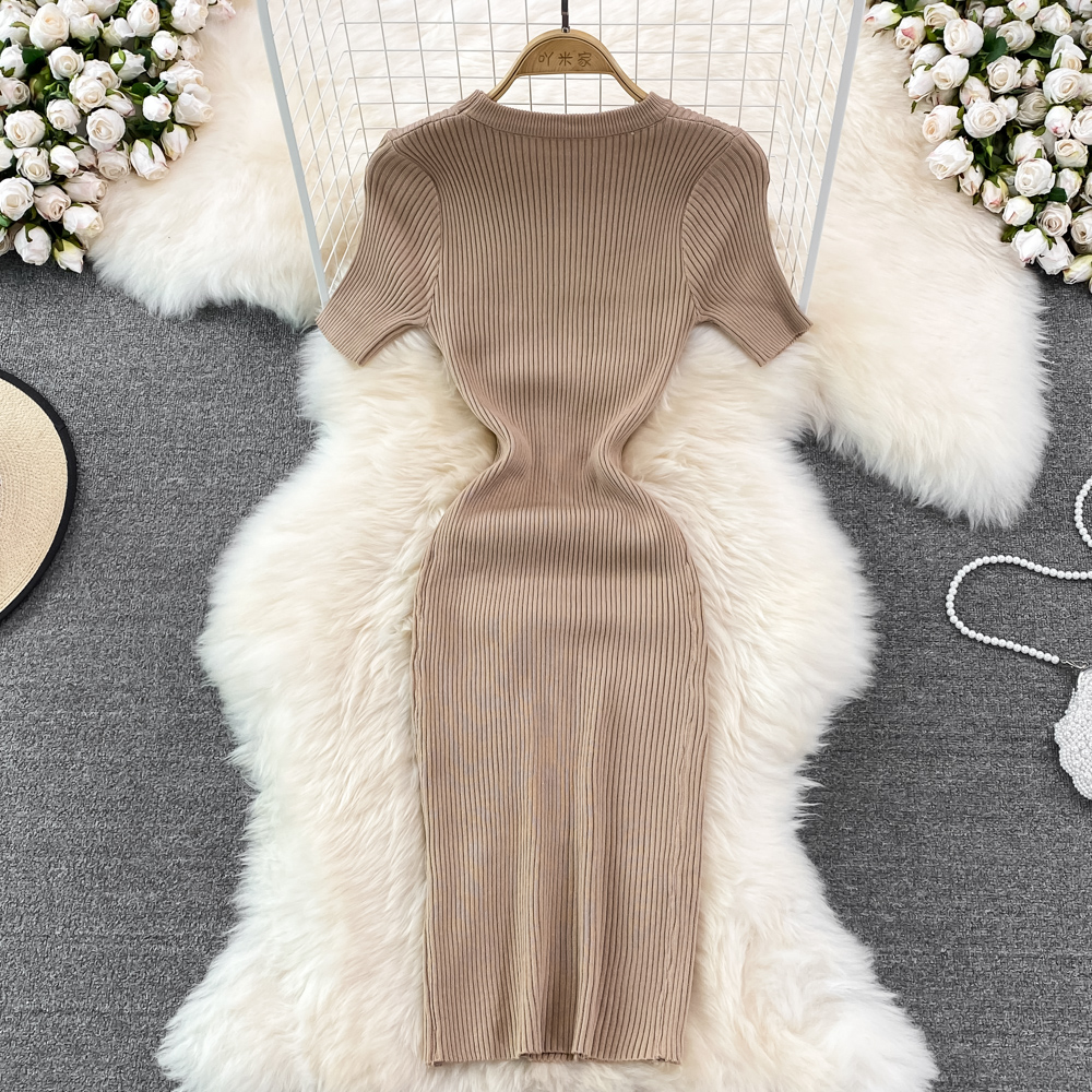 Knitted split package hip sexy round neck retro dress