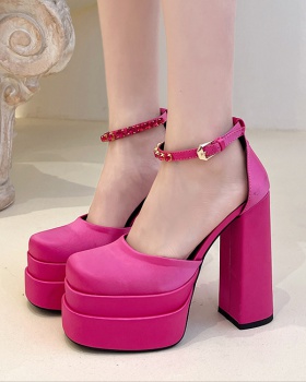 Double satin platform spring and summer square head sandals