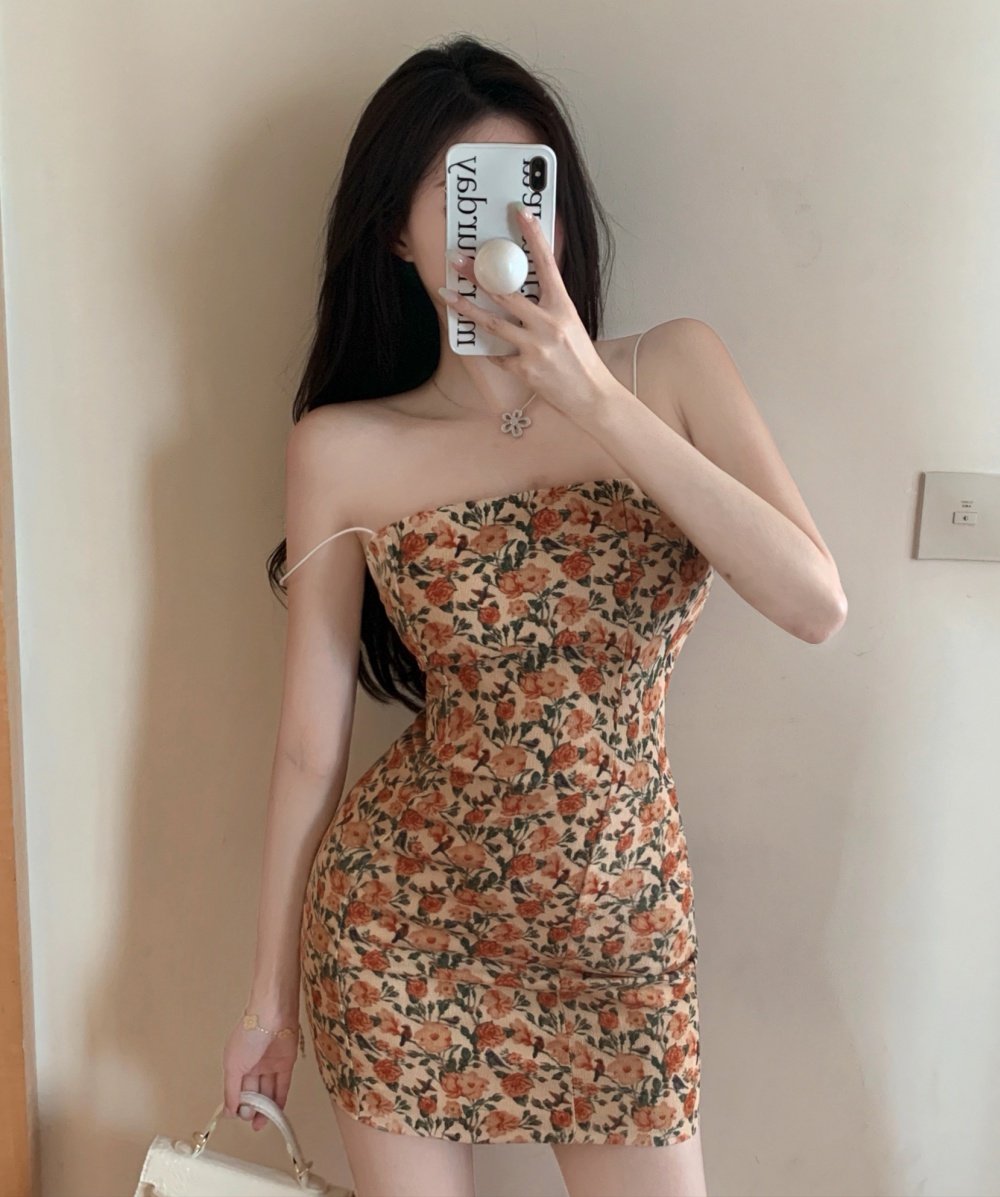 Tender slim dress retro floral strap dress for women