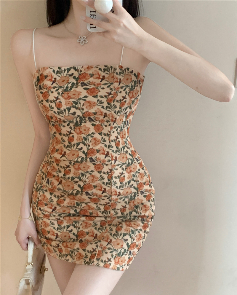 Tender slim dress retro floral strap dress for women