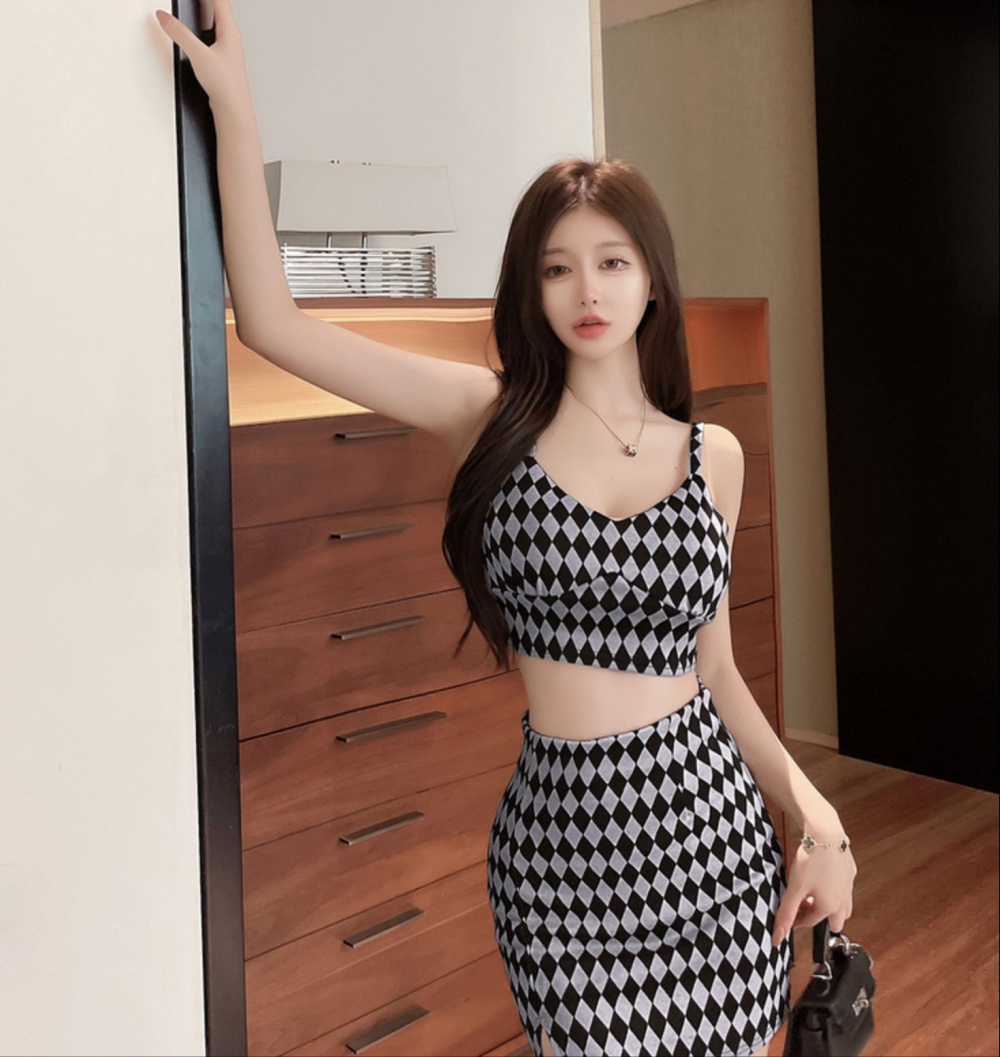 Retro chessboard fashion sling skirt 2pcs set