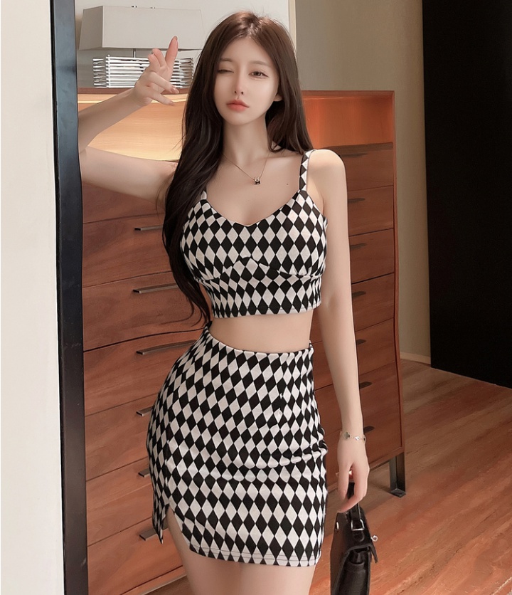 Retro chessboard fashion sling skirt 2pcs set