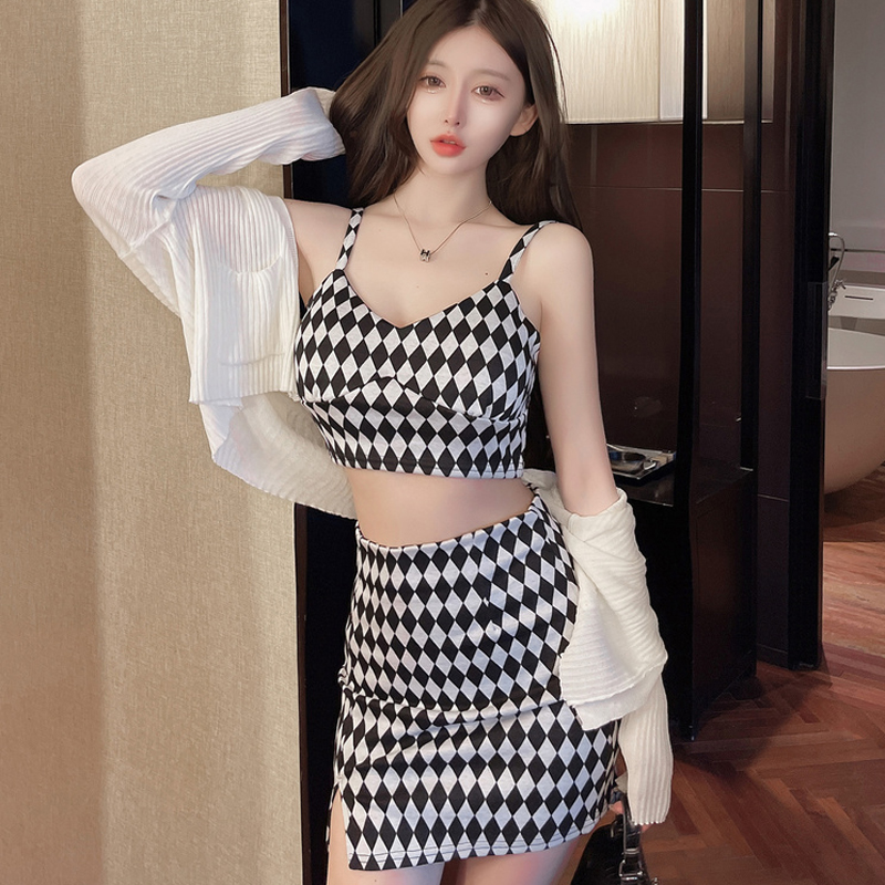 Retro chessboard fashion sling skirt 2pcs set