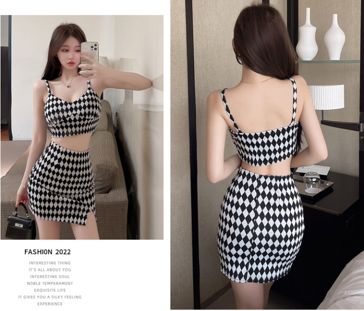 Retro chessboard fashion sling skirt 2pcs set