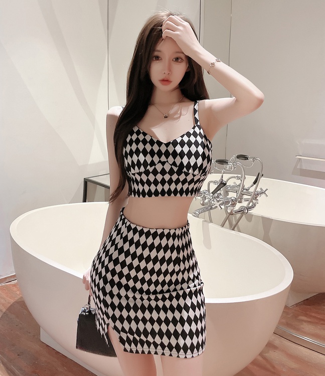 Retro chessboard fashion sling skirt 2pcs set