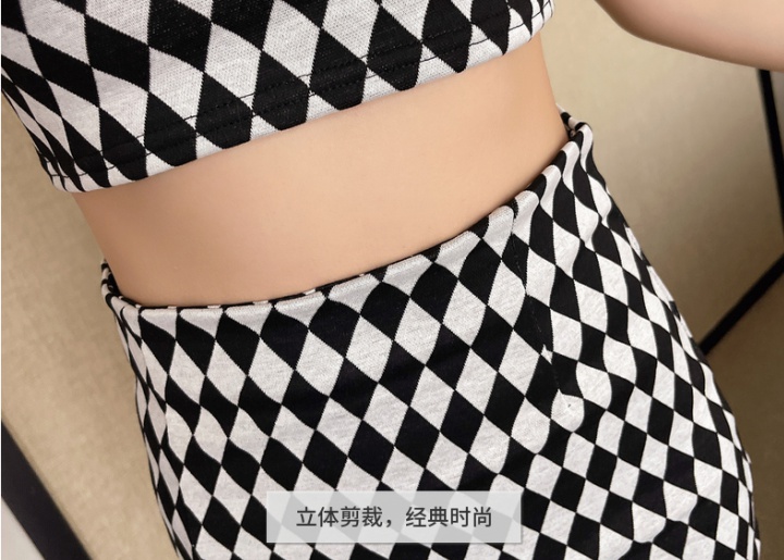 Retro chessboard fashion sling skirt 2pcs set