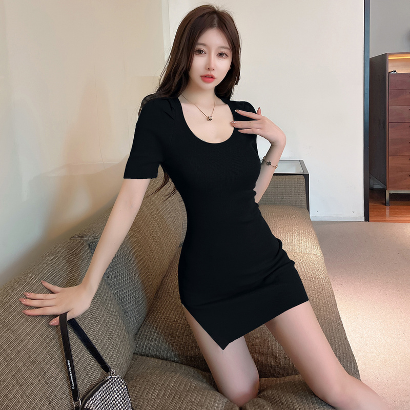 Sexy split temperament slim puff sleeve V-neck dress for women