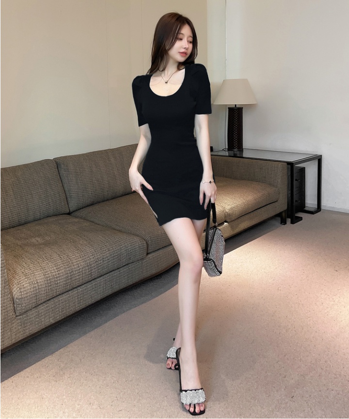 Sexy split temperament slim puff sleeve V-neck dress for women