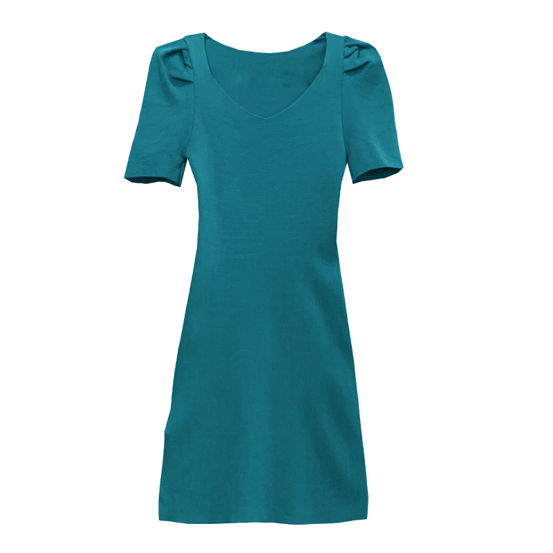 Sexy split temperament slim puff sleeve V-neck dress for women