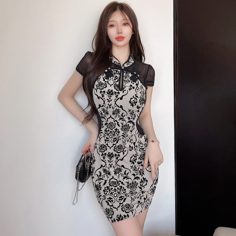 V-neck sexy hollow cheongsam colors slim dress