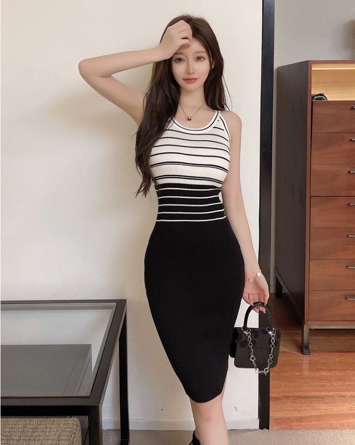 Knitted sleeveless vest sexy stripe dress for women