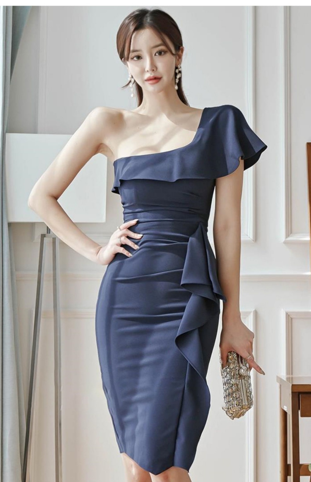 Oblique collar Korean style high waist lotus leaf dress