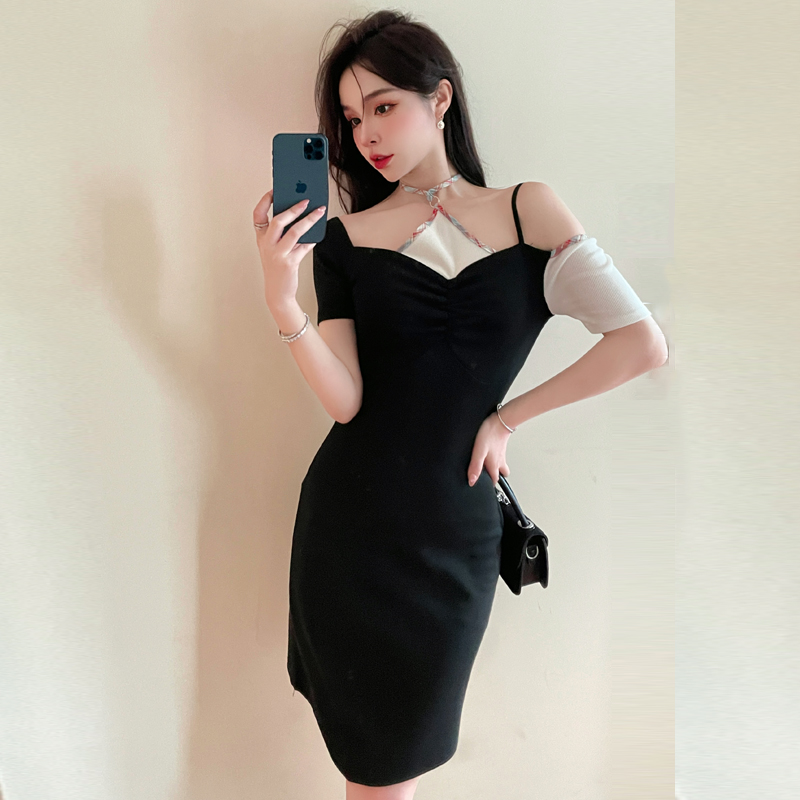 Temperament shoulder summer slim package hip sling halter dress