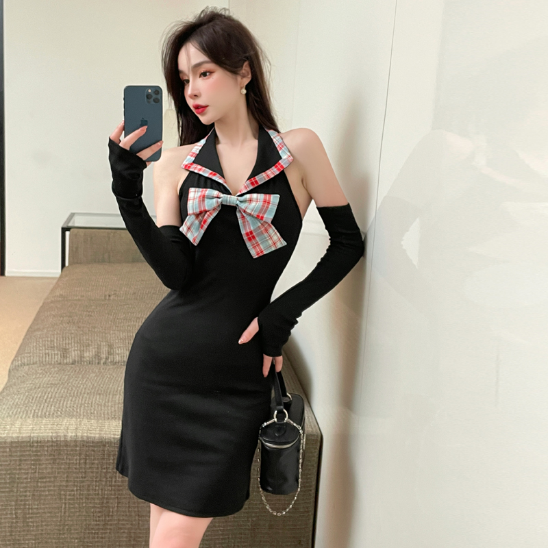 Slim halter bow temperament summer sexy dress for women