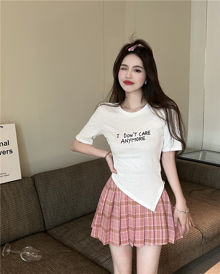 High waist short sleeve pleated skirt slim plaid T-shirt