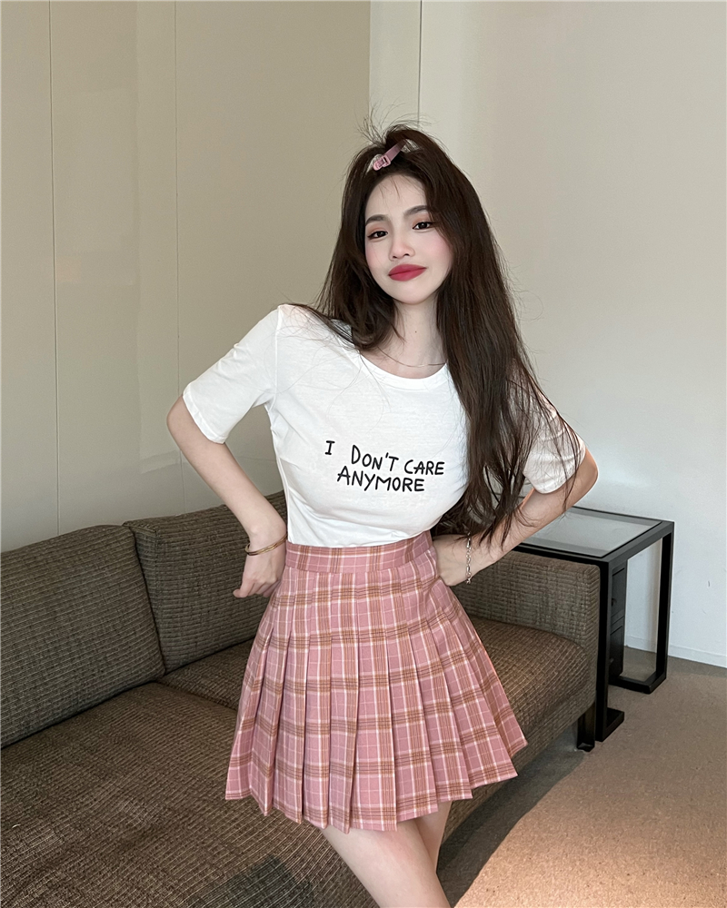 High waist short sleeve pleated skirt slim plaid T-shirt