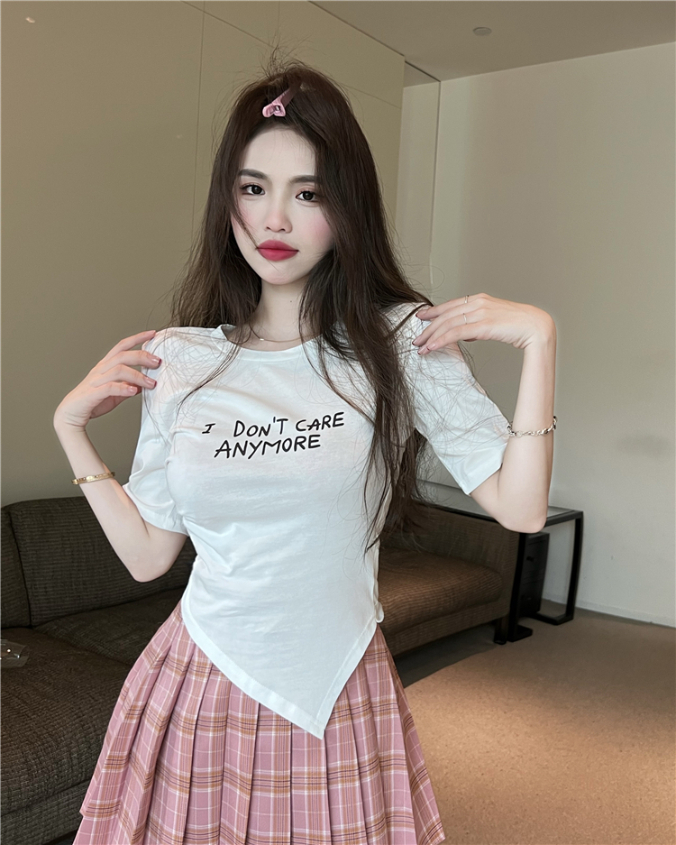 High waist short sleeve pleated skirt slim plaid T-shirt