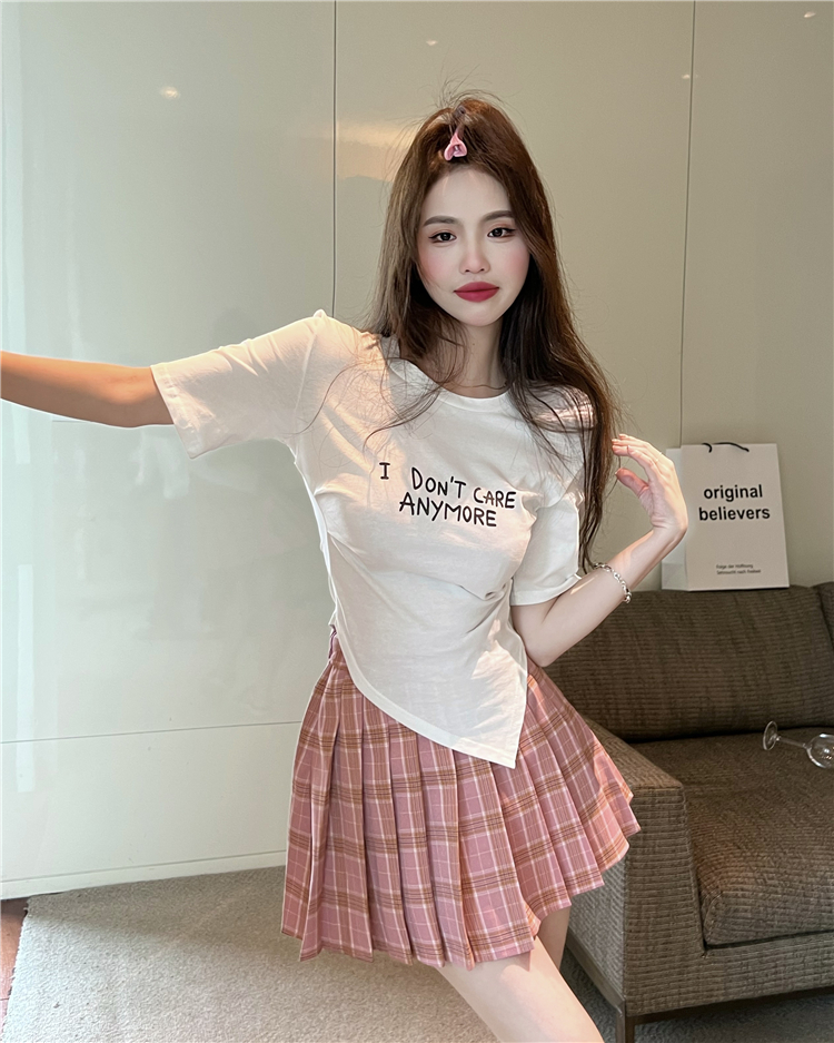 High waist short sleeve pleated skirt slim plaid T-shirt