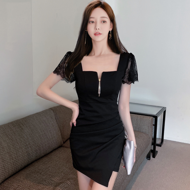 Spring black short sleeve dress for women