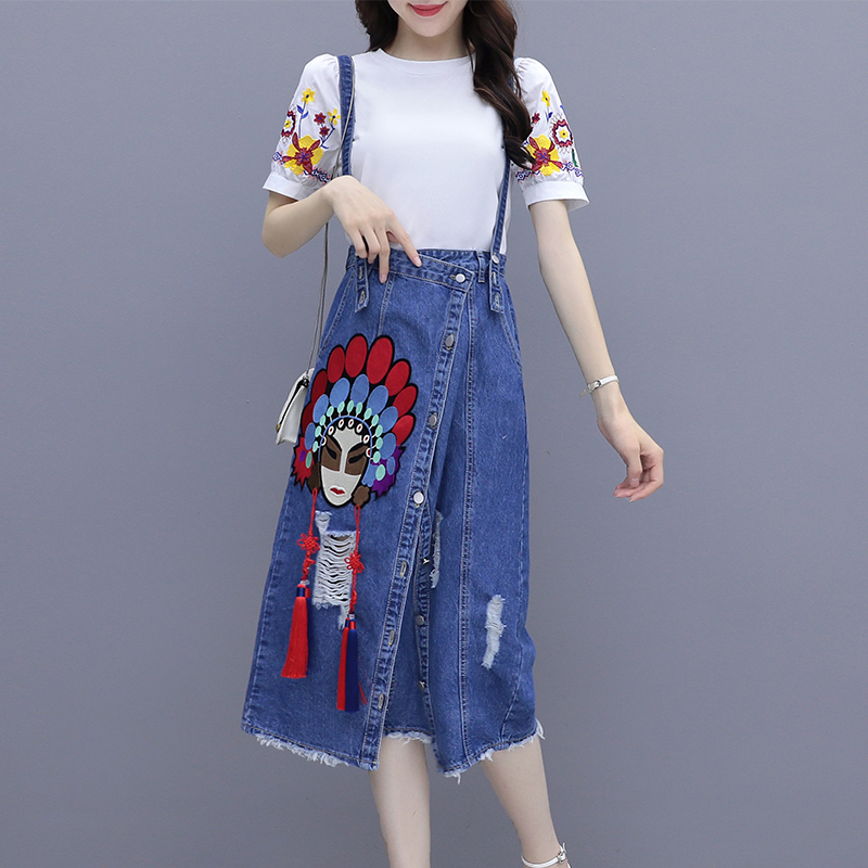 Summer puff sleeve tops printing dress 2pcs set