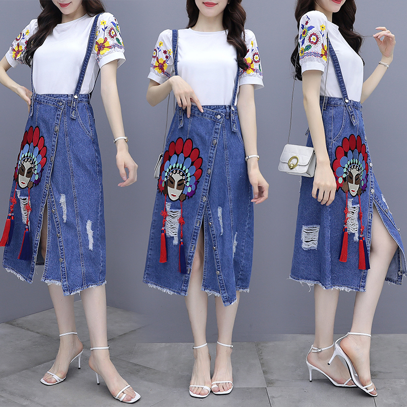 Summer puff sleeve tops printing dress 2pcs set