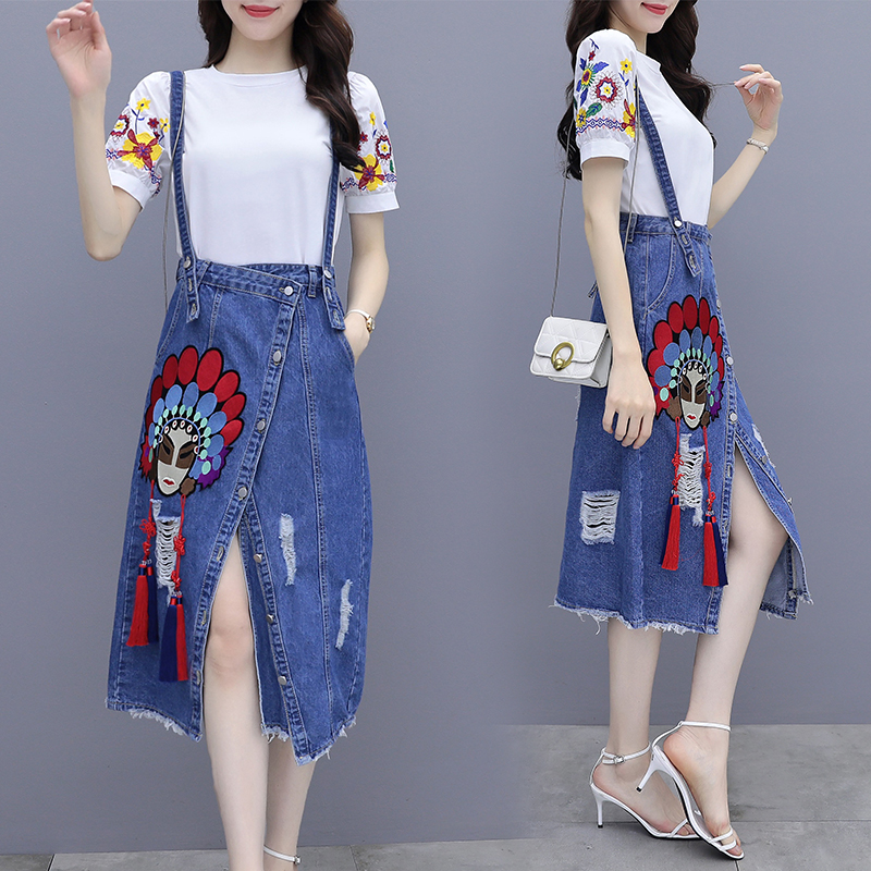 Summer puff sleeve tops printing dress 2pcs set