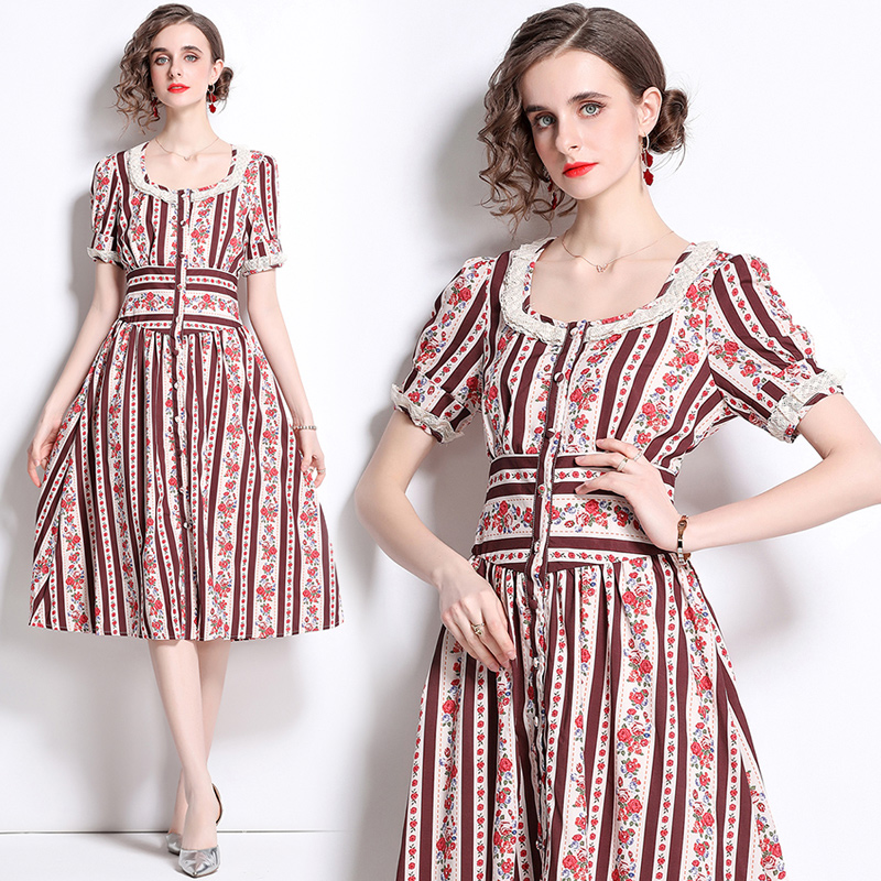 Summer splice lace retro square collar pinched waist dress