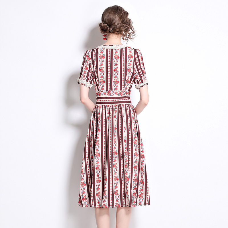 Summer splice lace retro square collar pinched waist dress