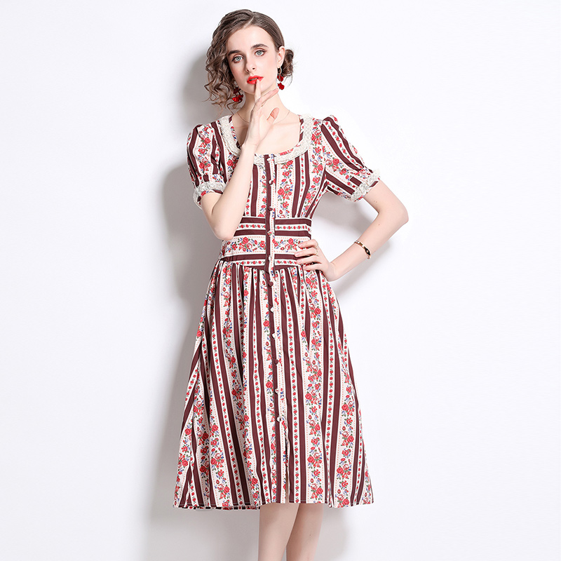 Summer splice lace retro square collar pinched waist dress