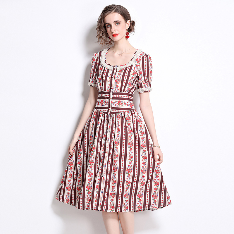 Summer splice lace retro square collar pinched waist dress