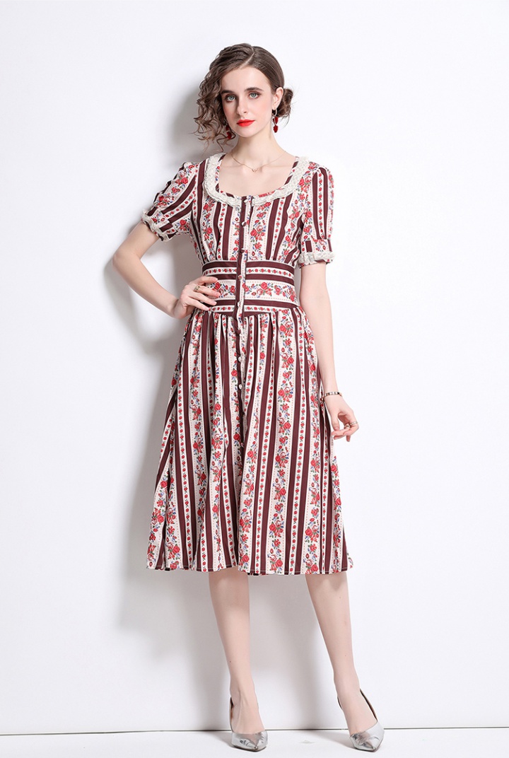 Summer splice lace retro square collar pinched waist dress
