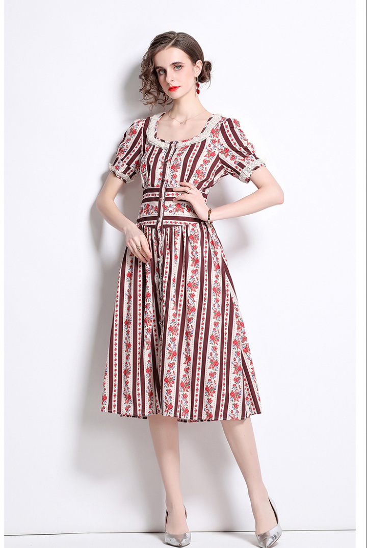 Summer splice lace retro square collar pinched waist dress