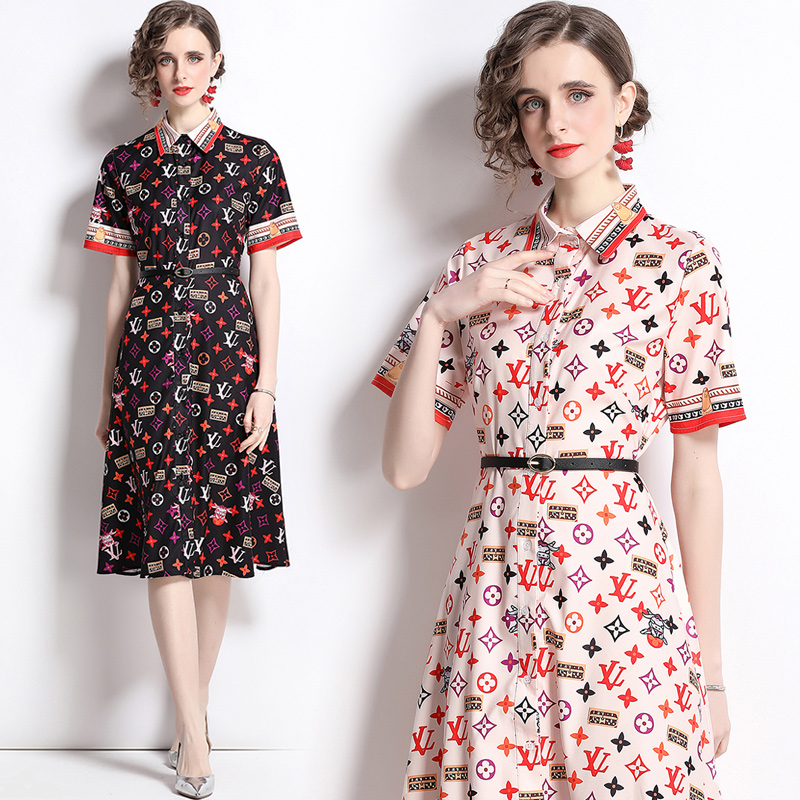 Summer printing pinched waist fashion lapel dress